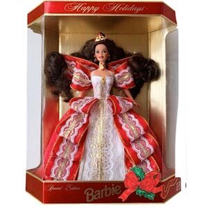 Mattel Happy Holidays 10th Anniversary Barbie Doll Red & Gold Ribbon Dress 1997